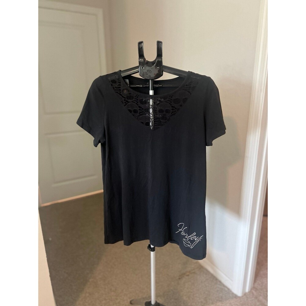 Harley Davidson Lace Skull V-Neck Tee Shirt Women’s Size XL